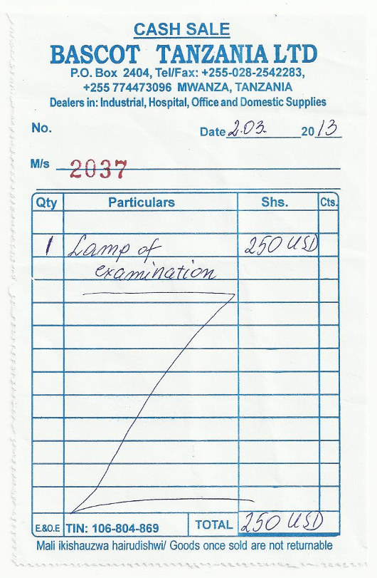 Rachunek za lampę lekarską dla Ośrodka Zdrowia w Tanzanii