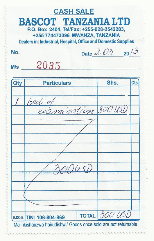 Rachunek za łóżko lekarskie dla Ośrodka Zdrowia w Tanzanii