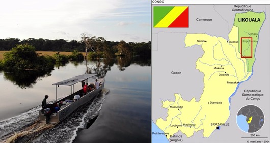 akcja Rzeka pomocy: zdjęcie przedstawiające łódź na rzece oraz mapa pokazująca lokalizację prowincji Likouala